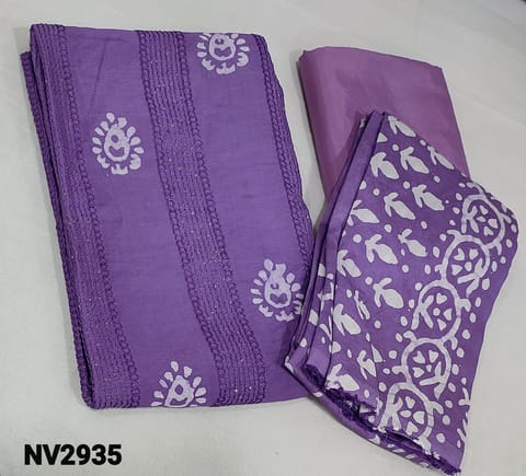 CODE NV2935: Batik Dyed Violet Soft silk Cotton unstitched Salwar materials(lining required) with thread and sequence work on frontside, matching violet silky bottom, Batik dyed soft silk cotton dupatta(requires taping)