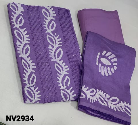 CODE NV2934: Batik Dyed Violet Soft silk Cotton unstitched Salwar materials(lining required) with thread and sequence work on frontside, matching violet silky bottom, Batik dyed soft silk cotton dupatta(requires taping)