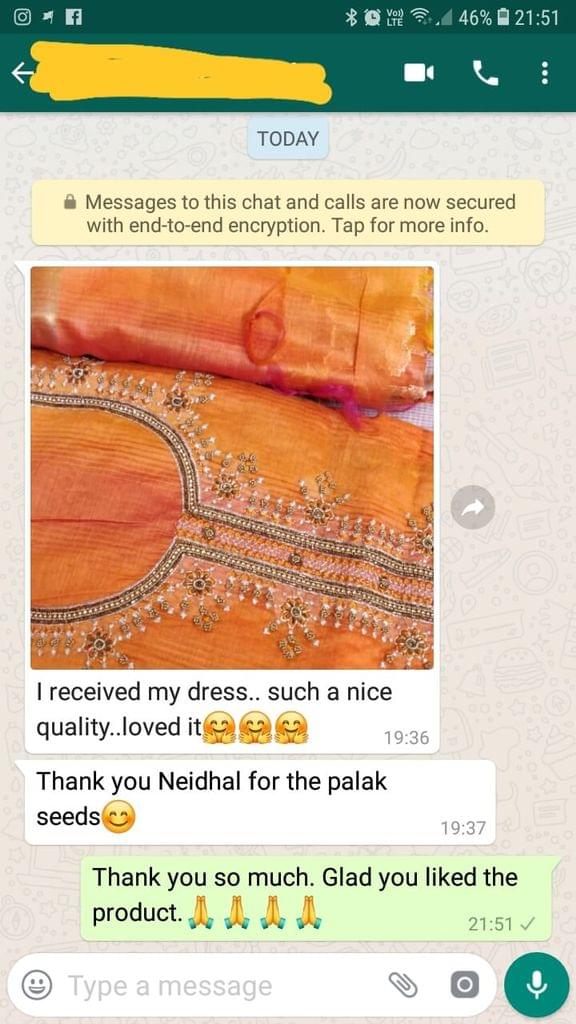 I received my dress... Such a nice quality... Loved it... Thank you Neidhal for the palak seeds. -Reviewed on 18-Mar-2019