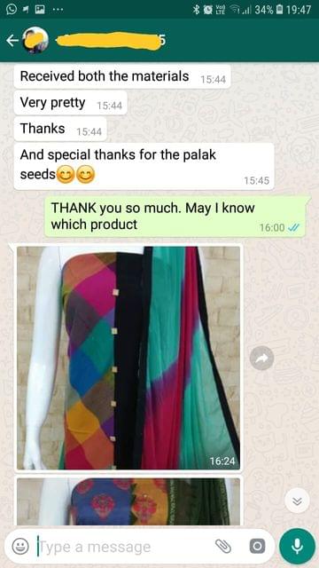 Received both the materials... Very pretty... Thanks... And special thanks for the palak seeds. -Reviewed on 20-Mar-2019