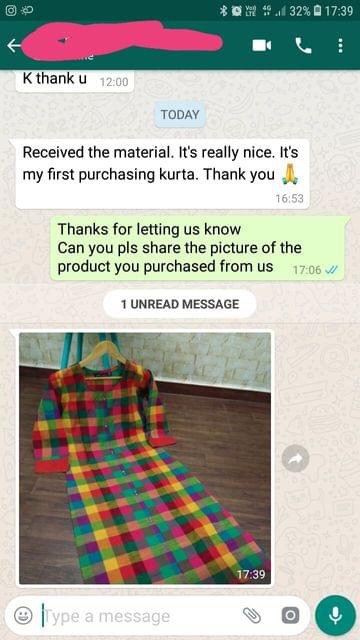 Received the material... It's really nice... It's my first purchasing kurta... Thank you. -Reviewed on 15-April-2019