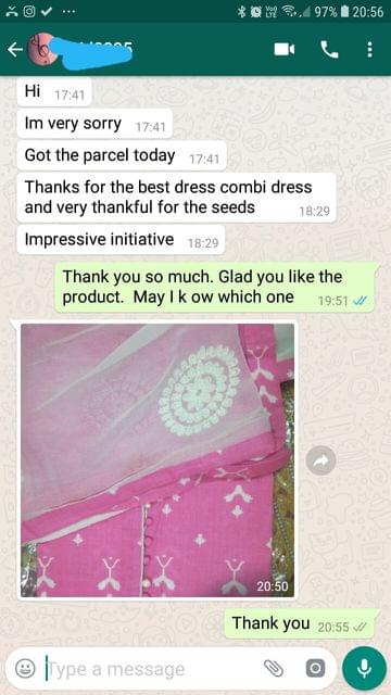 I got the parcel today... Thanks for the best dress combi dress and very thankful for the seeds... Impressive initiative. -Reviewed on 08-Jun-2019