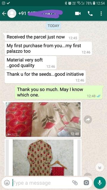 Received the parcel just now... My first purchase from you... My first palazzo too... Material very soft... Good quality... Thank you for the seeds... Good initiative. -Reviewed on 12-Jul-2019
