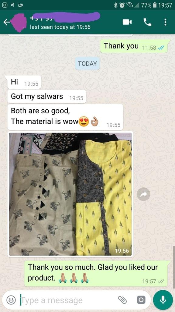 I got my salwars material... Both are so good.... The material is awesome... Very nice. -Reviewed on 25-July-2019