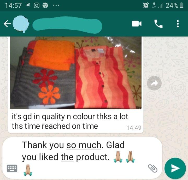 I'ts good quality in colour... thanks a lot... This time reached on time... Thank you so much... Glad you liked the product... Thanks. -Reviewed on 19-Aug-2019
