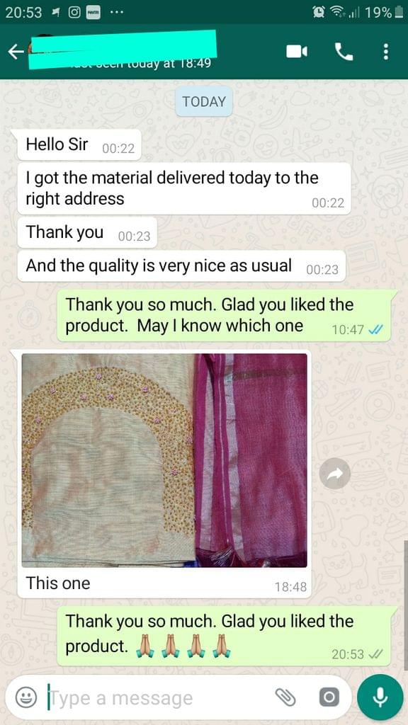I got the material delivered today to the right address.... Thank you... And the quality is very nice as usual good. -Reviewed on 31-Aug-2019