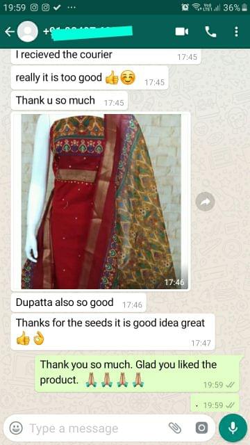 I received the courier, Really it is too good, Thank You, Dupatta also so good, thanks for the seeds, It is good idea "Great" -Reviewed on 21-Aug-2019