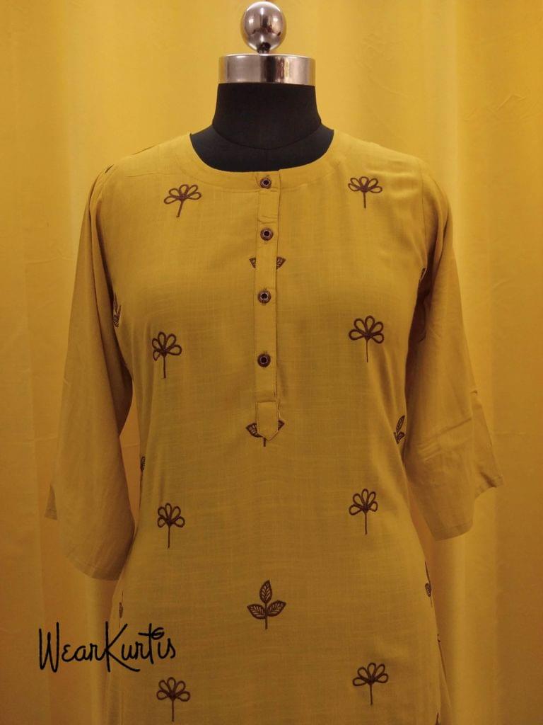 Yellow modal Kurti with embroidery work on front side,(all buttons can be unbuttoned)(Refer Size chart, 3rd pic before ordering, No Refund, No Return, No exchange, No cancellation), Round Neck, Height - 47, 3/4 Sleeves, front and side slits, one side pocket.