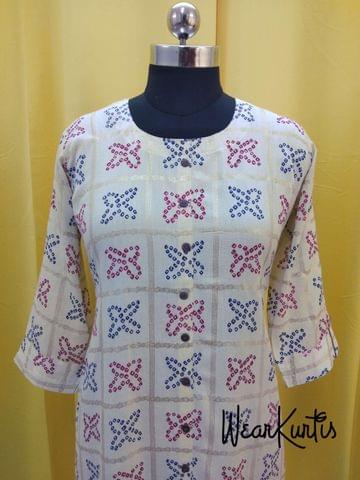 Printed Half White Jute Flex Kurti With front closed placket (Refer Size chart, 3rd pic before ordering, No Refund, No Return, No exchange, No cancellation),Round Neck, Height 42, 3/4 Sleeves with flaps, front and side slits.
