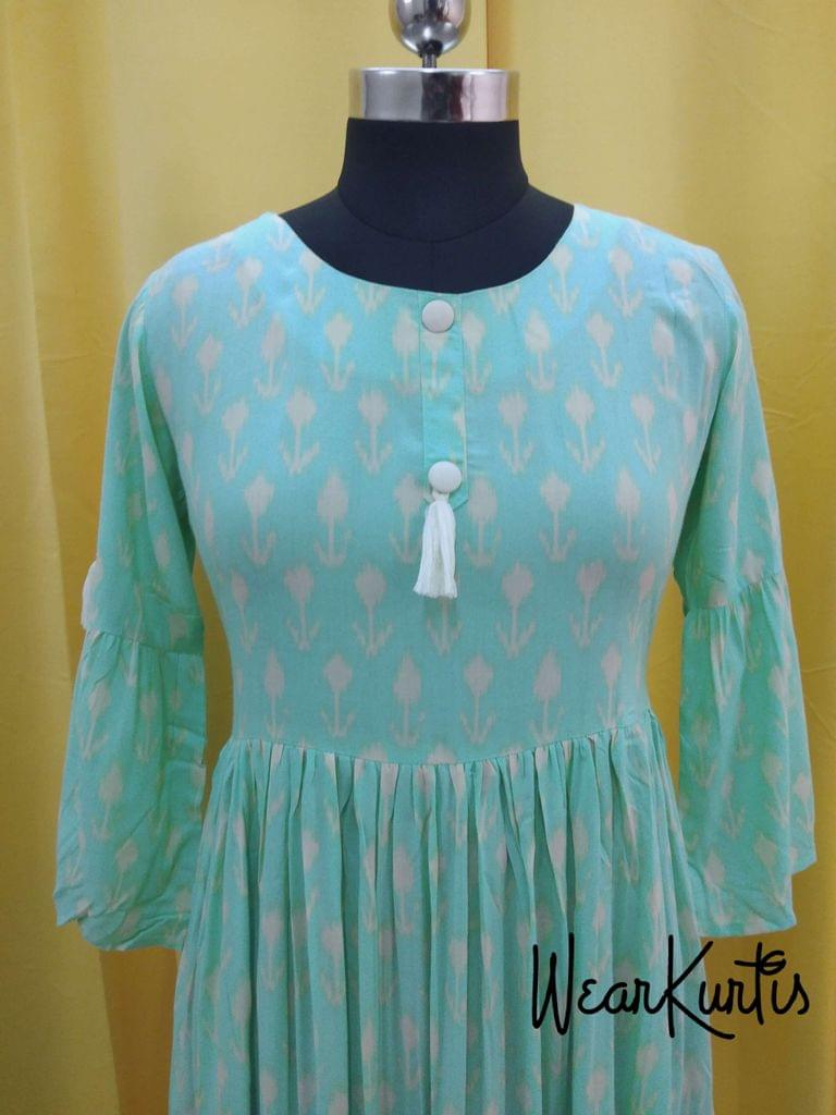 Light Blue Modal Fabric gathered waistline flared Kurti With closed front placket(Refer Size chart, 3rd pic before ordering, No Refund, No Return, No exchange, No cancellation), Round Neck, Height 44-46, 3/4  bell Sleeves ,