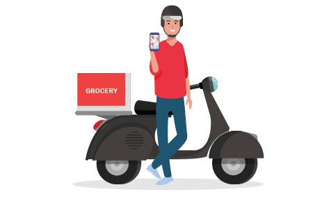 Delivery boy and his scooter. Delivery boy showing StoreHippo powered delviery management software's app in his mobile.