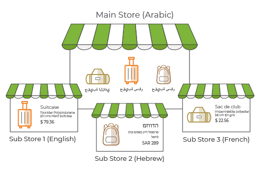 Multiple sub stores & main store having different RTL languages powered by StoreHippo ecommerce solutions.