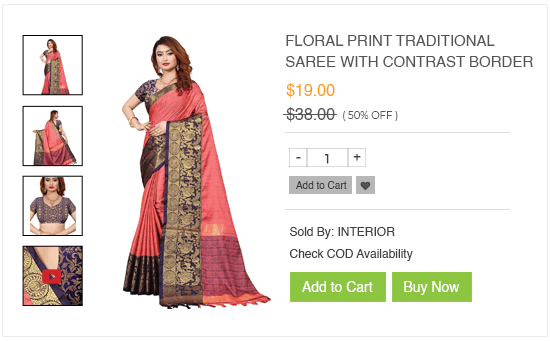 Product page of an online saree store built using StoreHippo ecommerce platform.