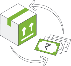 Infographic of a parcel box & currency notes showing COD & offline payment support offered by StoreHippo.