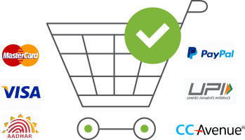 A shopping cart with multiple payment gateway logos depicting StoreHippo capability to offer multiple payment options in checkout.