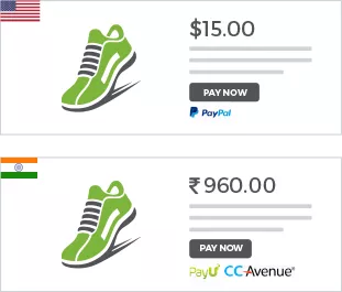 2 product pages for India and USA showing location-based different payment gateways for stores