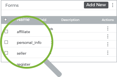 Form builder feature of StoreHippo showing a set of common inbuilt forms like personal info, affiliate etc.