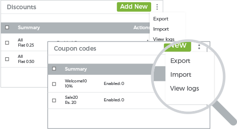StoreHippo powered discount engine interface showing bulk import export of discount codes and coupons.