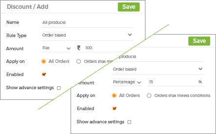 StoreHippo's rule engine interface showiing options to add rule based discounts.