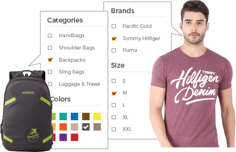 Faceted search feature of StoreHippo showing filtering based on brands & categories on a merchandise online store.