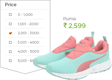 Faceted search feature of StoreHippo showing advanced pricing filters on a shoes online store.