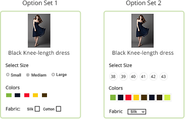 Product management software of StoreHippo powered fashion website showing 2 different option sets for product display.