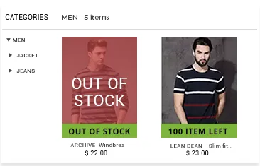 Product management software of StoreHippo powered apparel website showing products marked as out of stock & 100 items left.