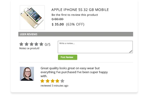 Product management software of StoreHippo powered mobile phone website showing review & rating feature on product page.
