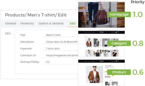 StoreHippo SEO friendly platform's inbuilt sitemap priority feature with example of men's tshirt pages & sitemap priority.
