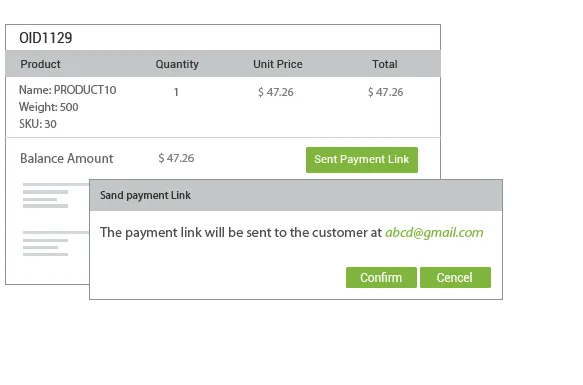 Payment link support in StoreHippo powered order management system showing link sent notification with customer email id.