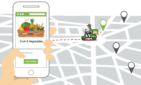 Hyperlocal ecommerce mobile app showing Google map & a delivery boy riding to deliver fruits & vegetable at the pinned location.
