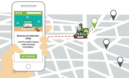 Hyperlocal ecommerce mobile app showing Google map & a delivery agent riding to e-learning material at the pinned location.