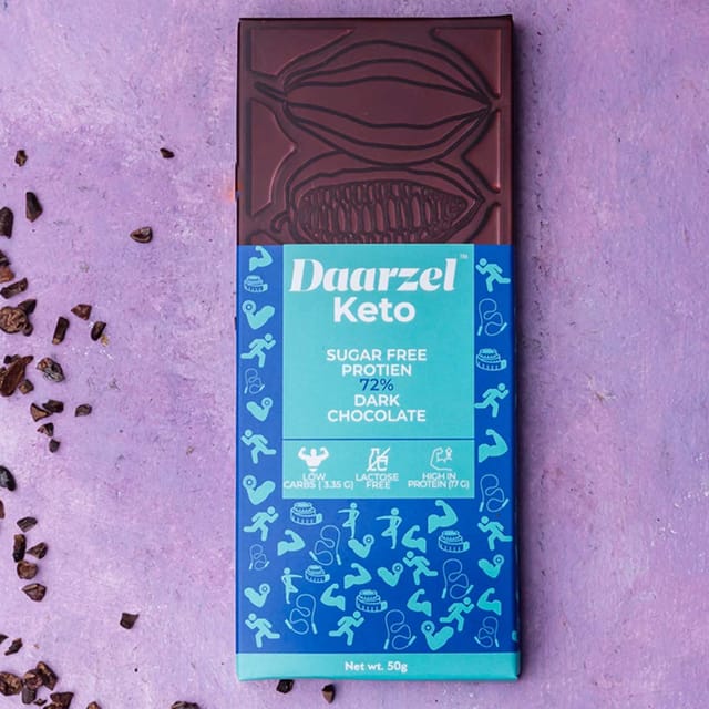 Dark Chocolate 72% Cocoa | Sugar Free | Low Carbs | High in Protein | Sweetened with Stevia | Maltitol Free | 50g