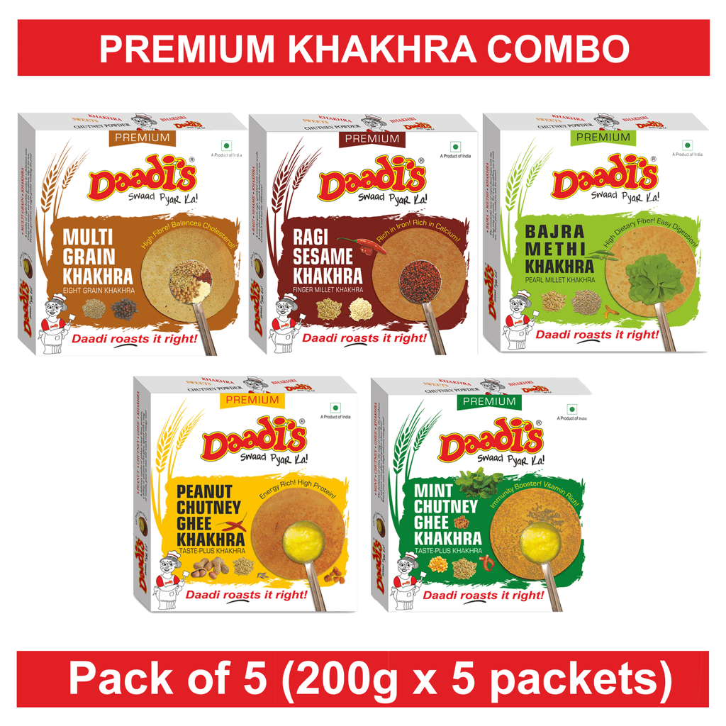 Premium Khakhra 200g (Pack Of 5) (Multigrain 1, Ragi Sesame 1, Bajra Methi 1, Ghee Chutney Peanut 1, Ghee Chutney Mint 1)