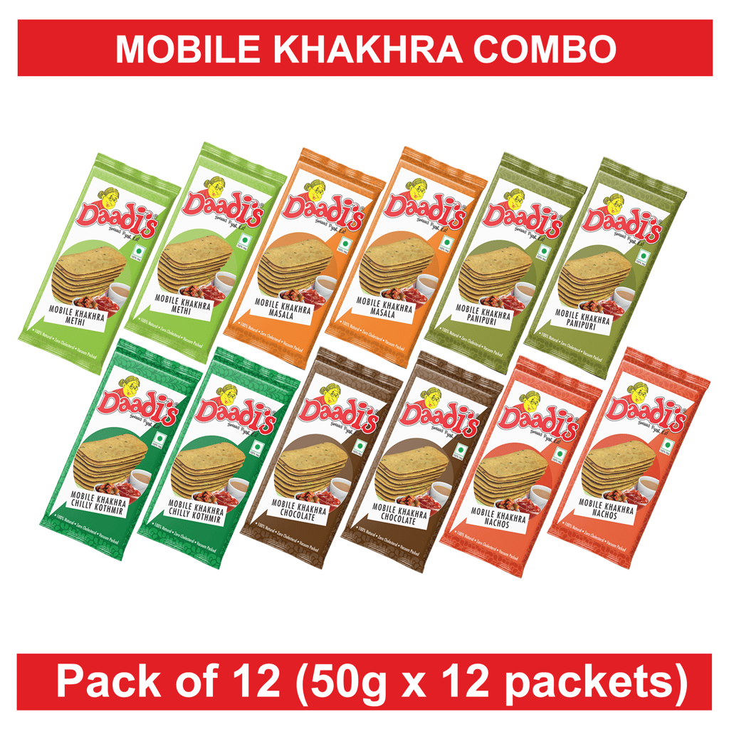 Mobile Khakhra 50g (Pack Of 12) (Methi 2, Masala 2, Chilly Kothmir 2, Panipuri 2, Chocolate 2, Nachos 2)