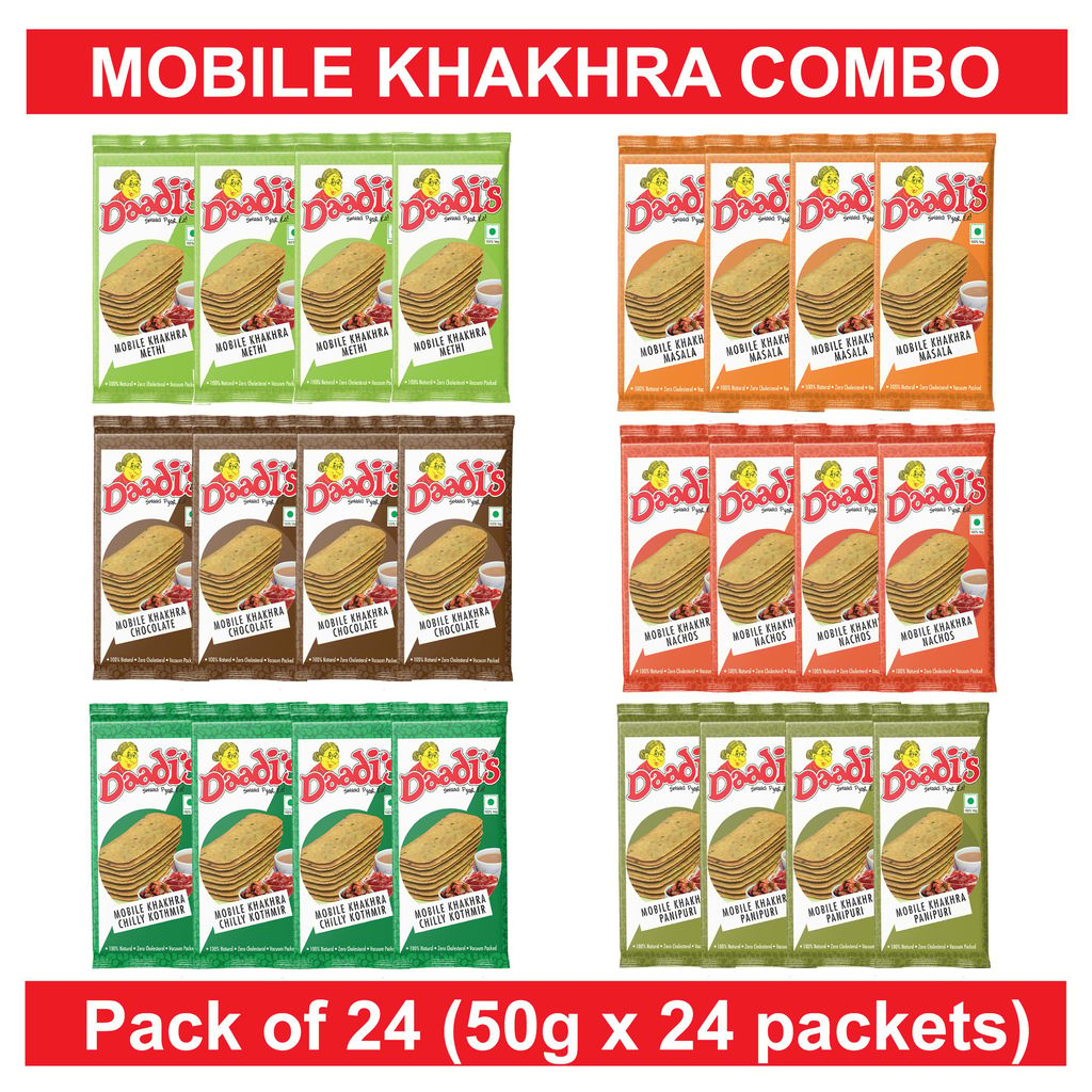 Mobile Khakhra 50g (Pack Of 24) (Methi 4, Masala 4, Chilly Kothmir 4, Panipuri 4, Chocolate 4, Nachos 4)