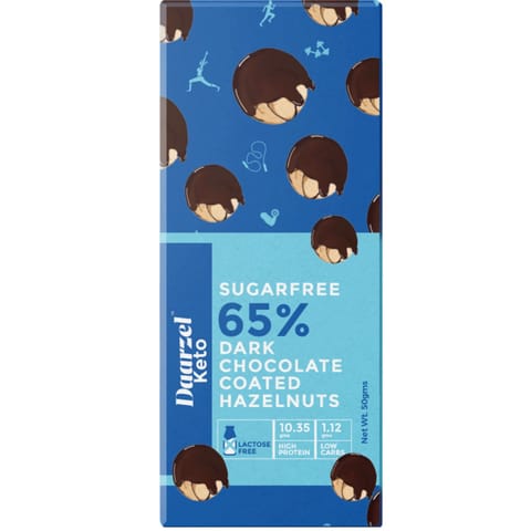 Dark Chocolate 65% Cocoa with Hazelnuts | Sugar free | High Protein | Low in Carbs | Made with Stevia Maltitol Free | 50 g