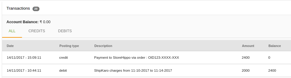 ShipKaro charges in Transactions