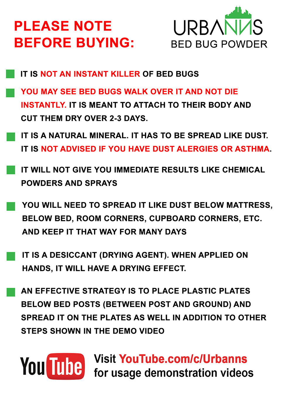 Note on Urbanns Bed Bug Powder to read before buying