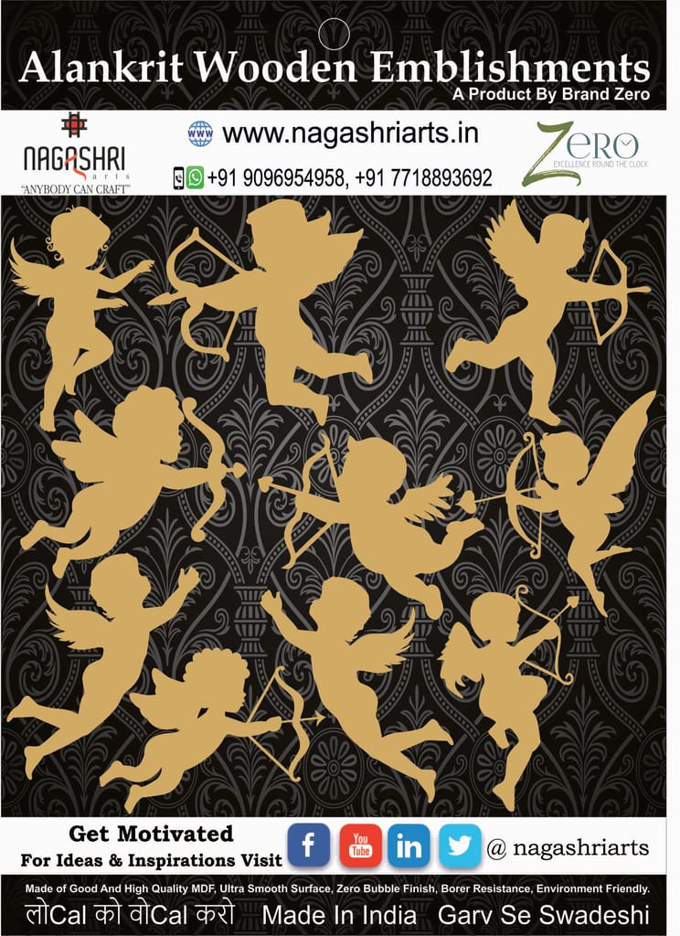 Brand Zero MDF Emblishment Angel Combo of  10 Design - Height  2.0 Inches And 2.5 mm Thick