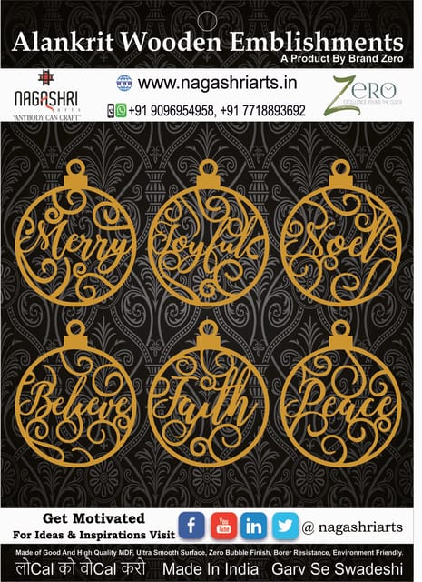 Brand Zero MDF Christmas Ornament Design 5 - Combo of 6 Pcs - 3 Inches Height & 2.5mm Thickness