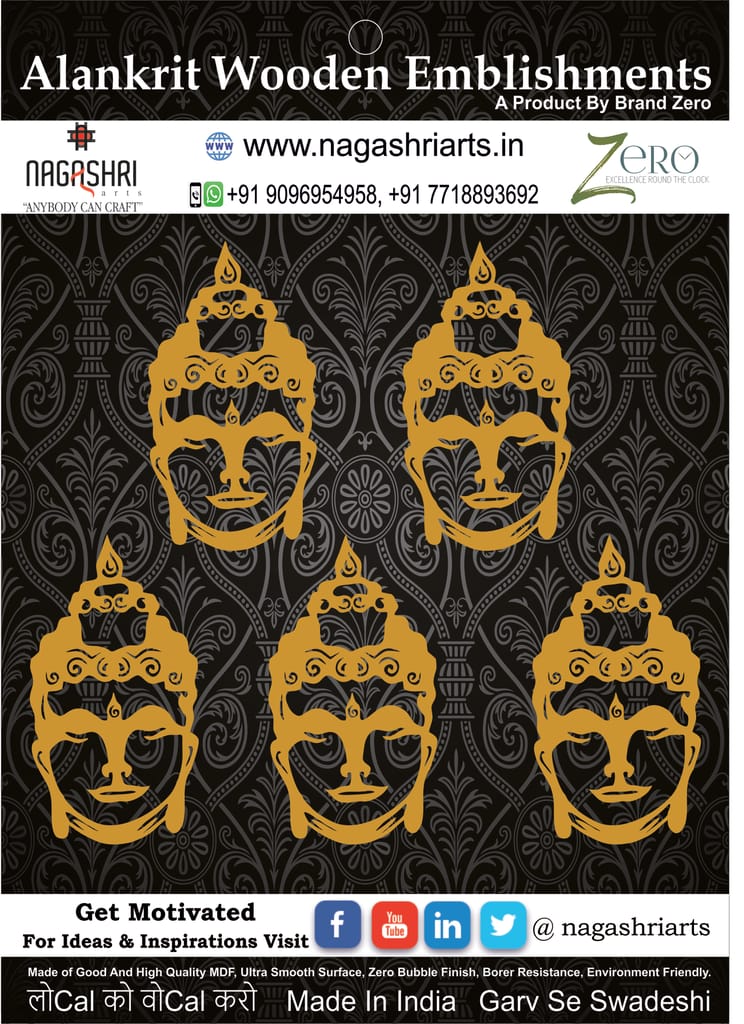 Brand Zero MDF Emblishment Buddha Face Design 1 - Combo of 5 Pcs - 3.0 By 1.6 Inches in 2.5mm Thickness