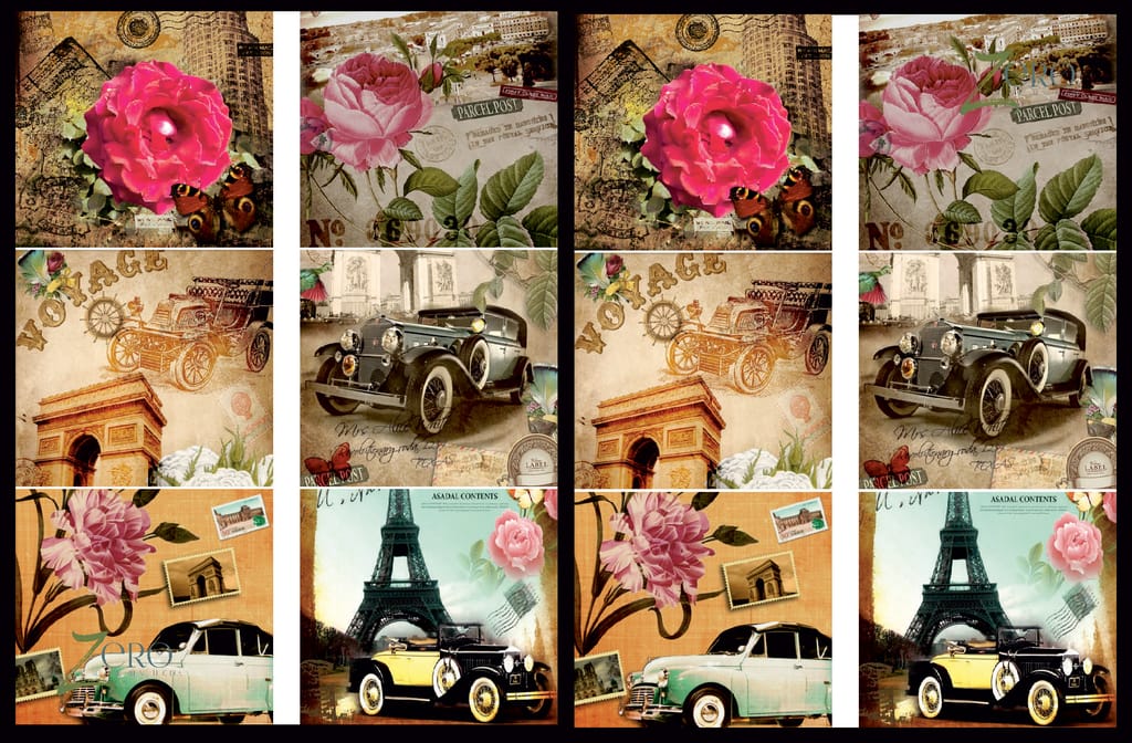 Brand Zero Luxury Speciality Decoupage Paper - Vintage Cars Floral Love 1 Tiles