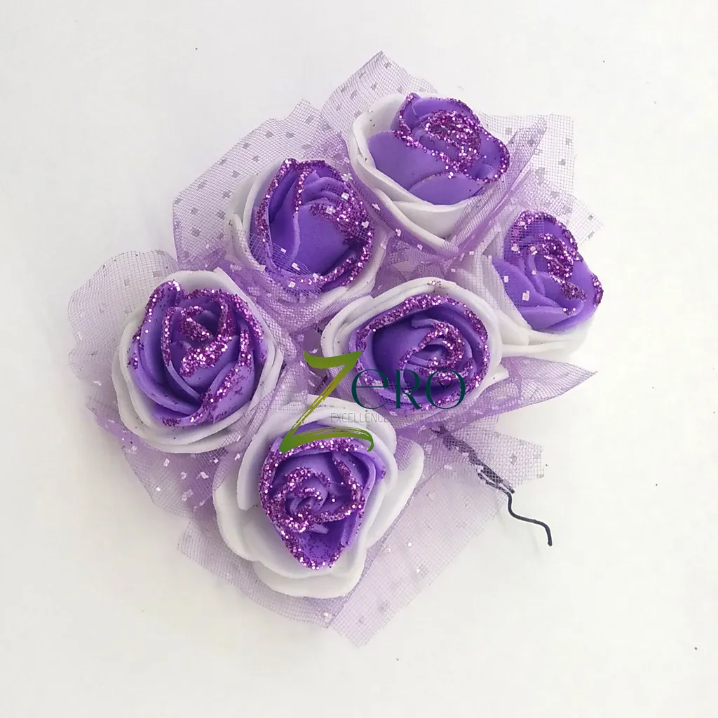 Bunch of 6 Pcs Hand Made Foam Flower Big With Glitter- Purple Color