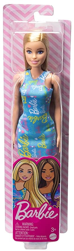 Barbie Dolls Wearing Logo Print Blue Dress, Toy for Kids Ages 3 and Up