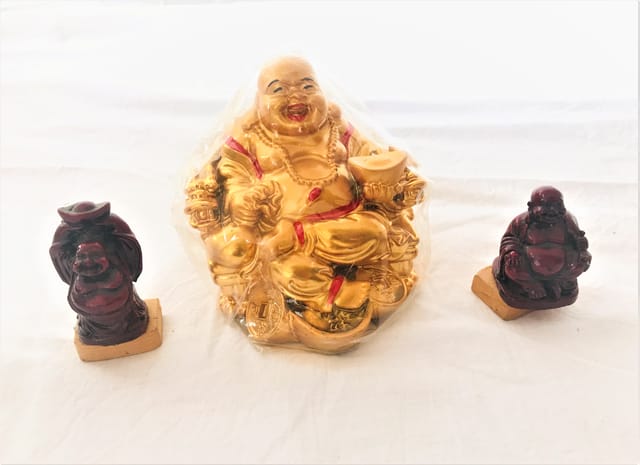 Laughing Buddha Sitting On Chair Ingot, Sitting Laughing Buddha with Money Coin Statue for Attracting Money Wealth Prosperity Financial Luck | Along With 2 Small Laughing Buddha For Home Décor | 3Pcs Set