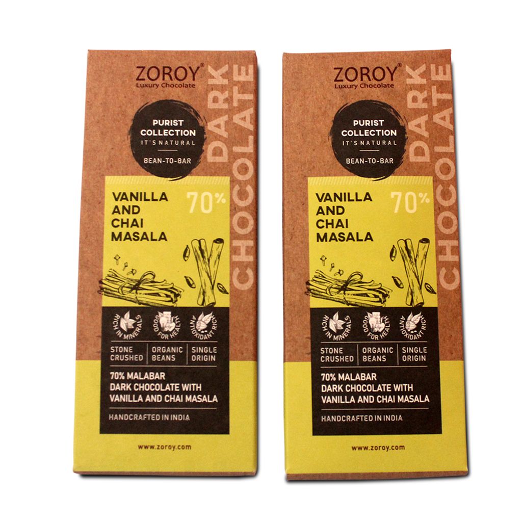 70% Organic Dark chocolate with Vanilla and Chai masala - 116 gms, (Set of 2)