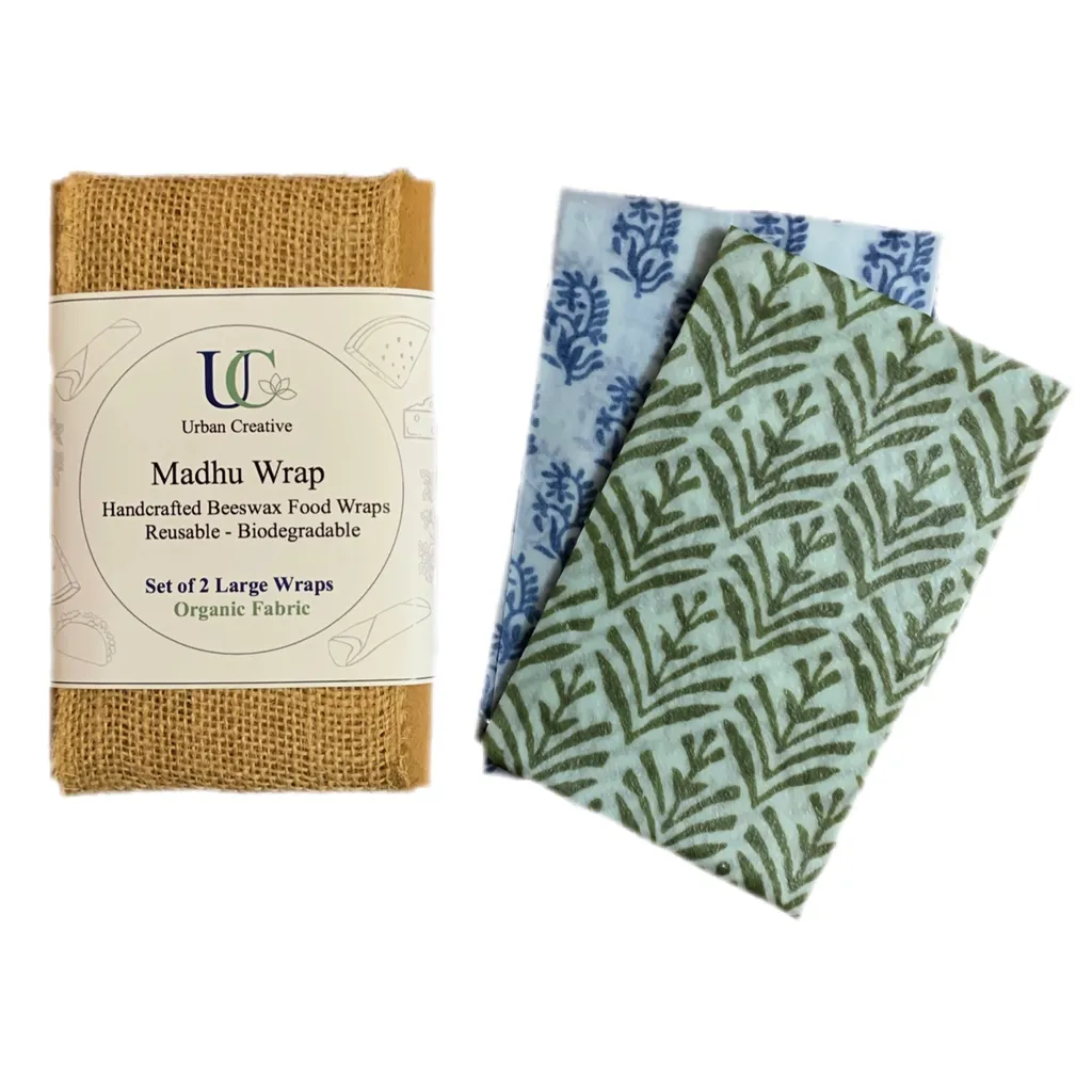 Madhu Wrap (Beeswax food wrap) Set of 2 Large Wraps in Certified Organic Fabric