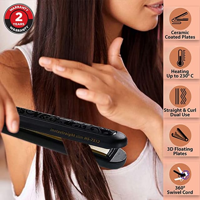 AGARO Instastraight Slim HS-7512 Hair Straightener with Ceramic Infused Plates & Variable Temperature Control (Black)