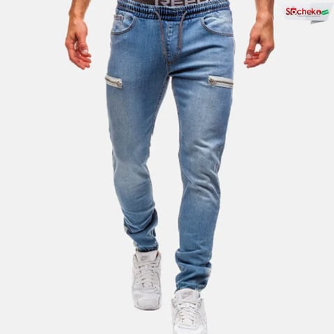 Men's Denim Zipper Washing Drawstring Fit Casual Jeans